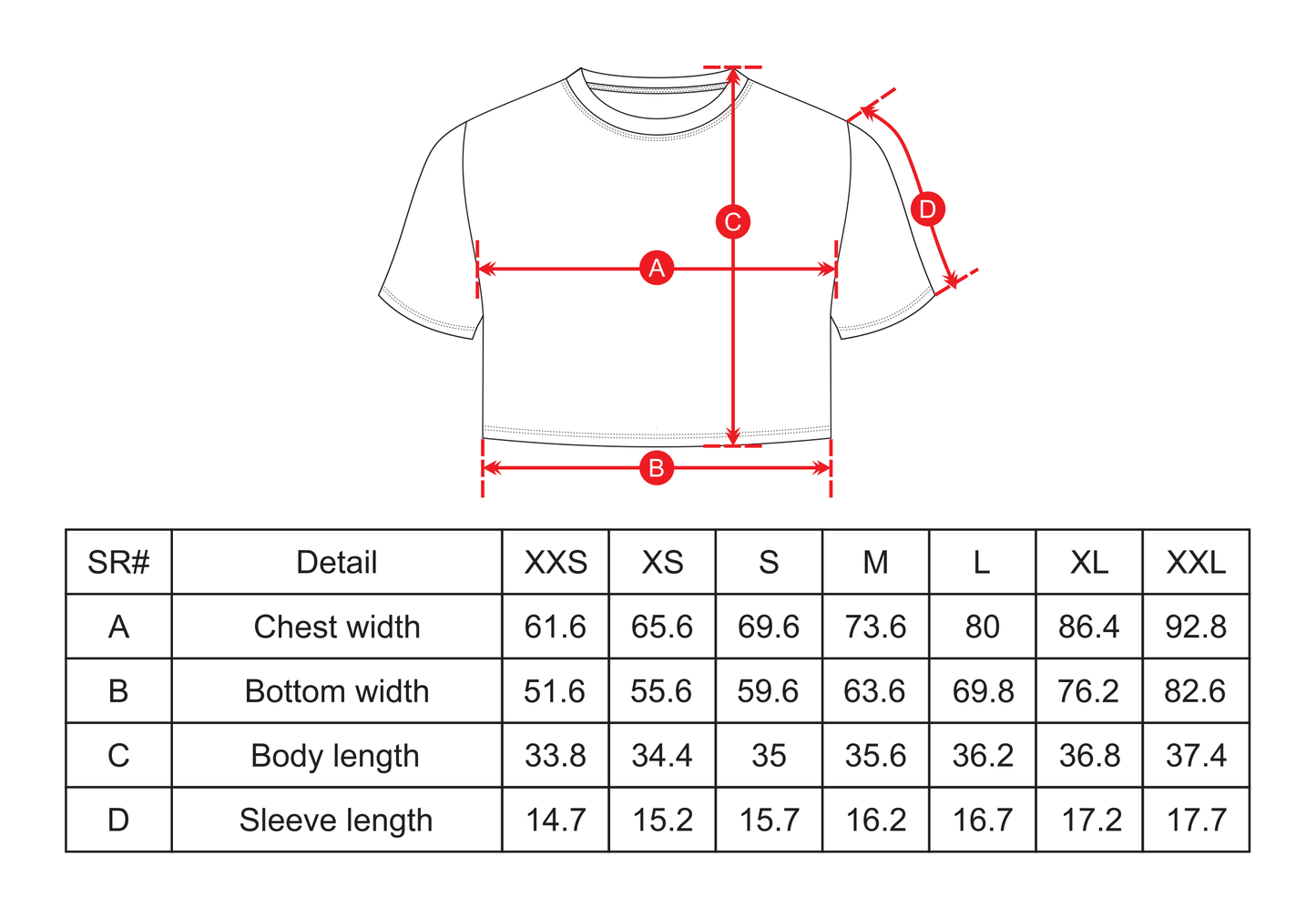 Crop Top Shirt Size Chart