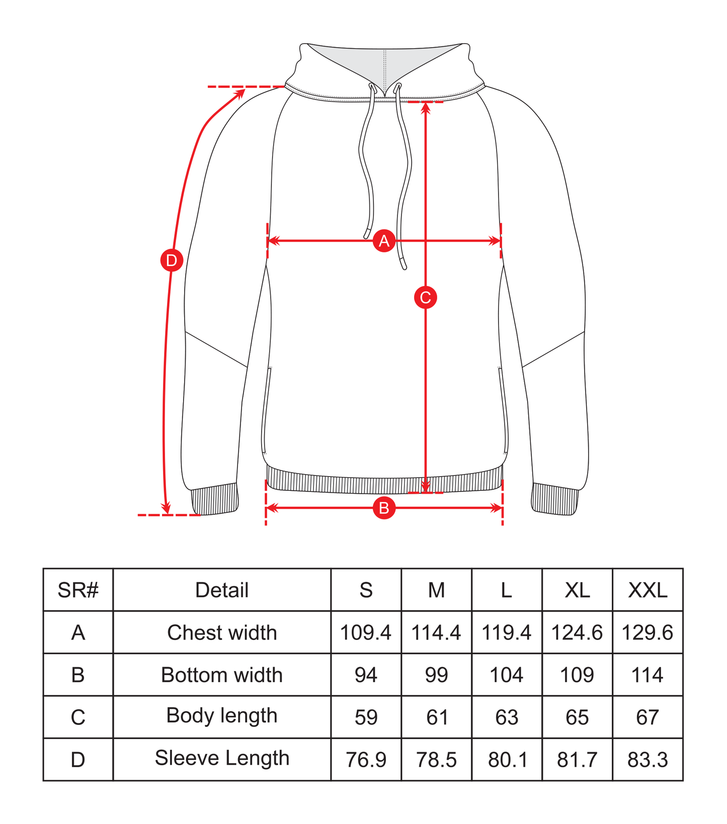 training hoodies size chart