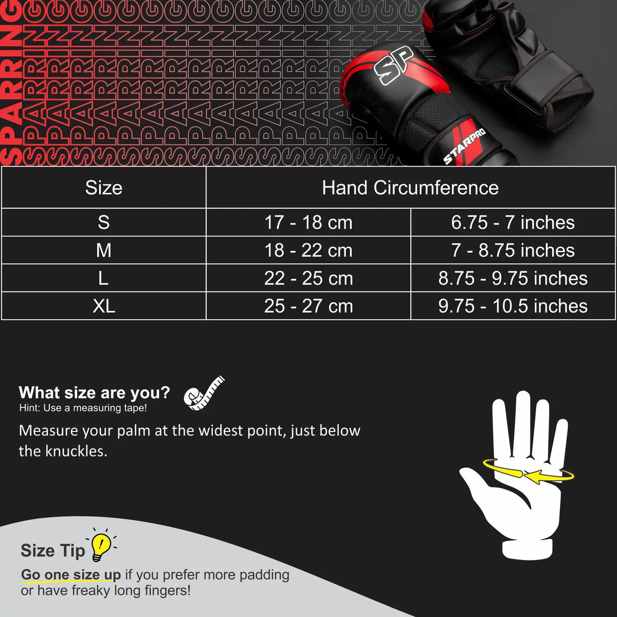 MMA Sparring Gloves Black Size Chart