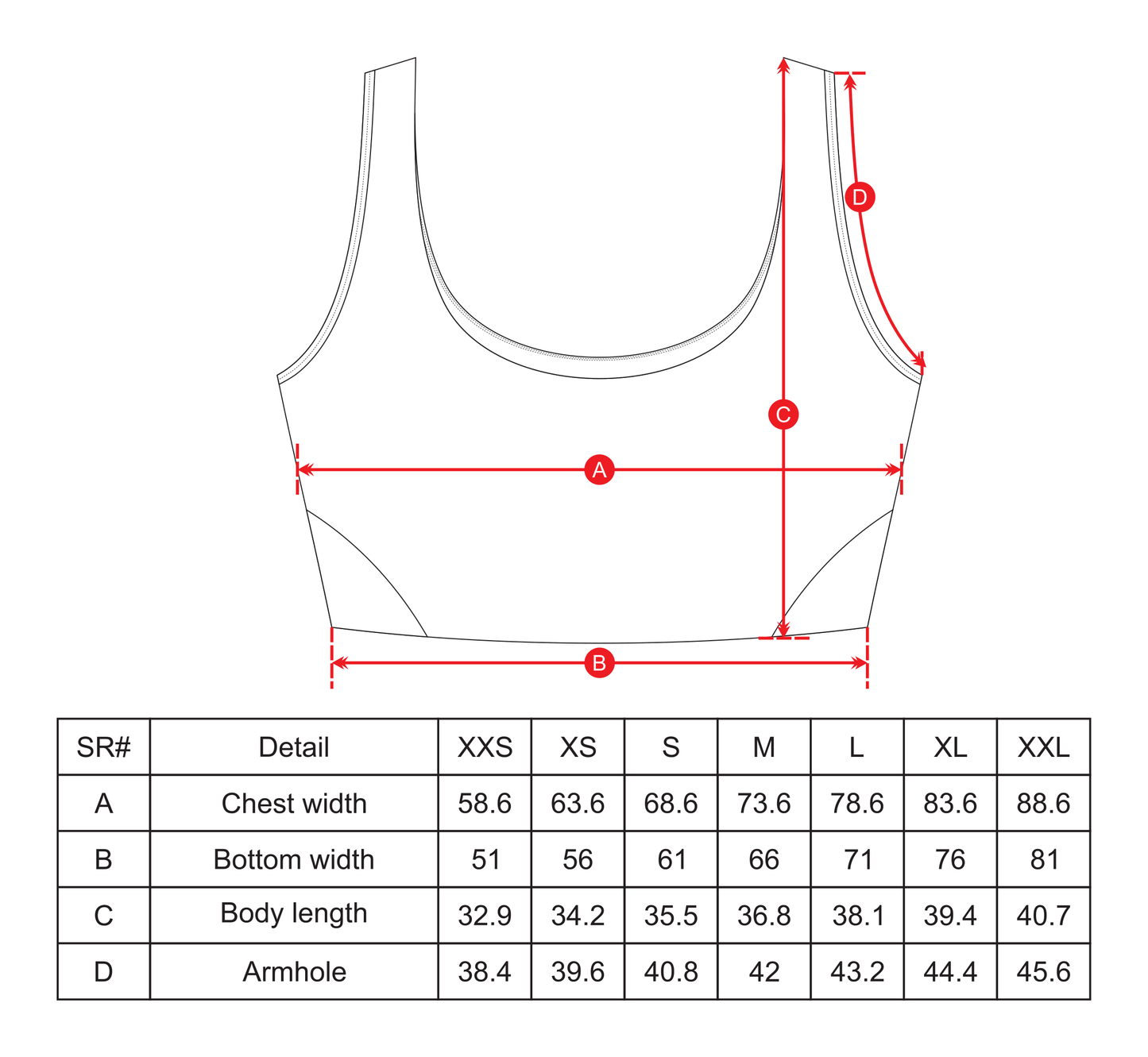 Supportive Sports Top for Women Size Chart
