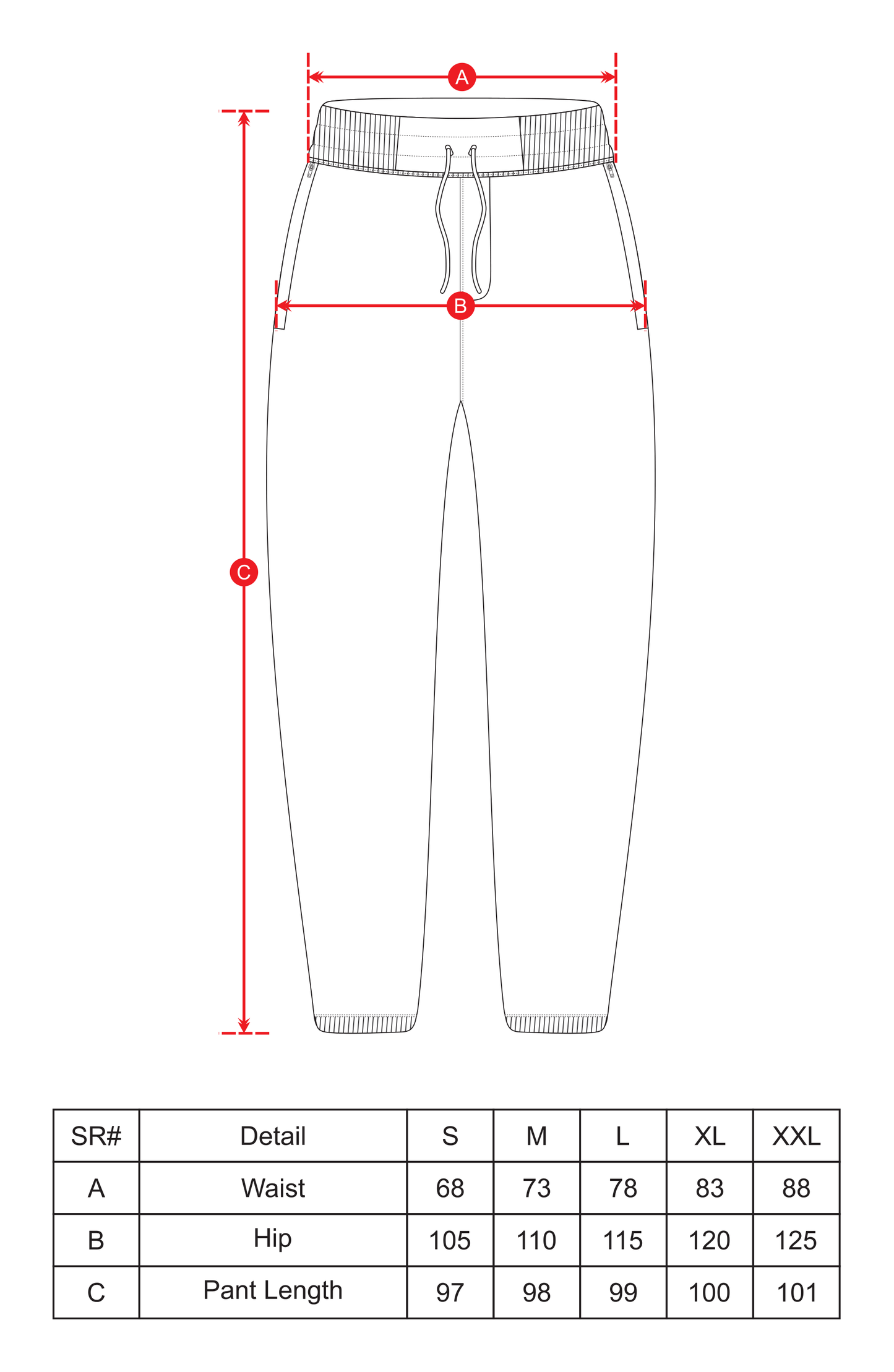 training sweat pants size chart
