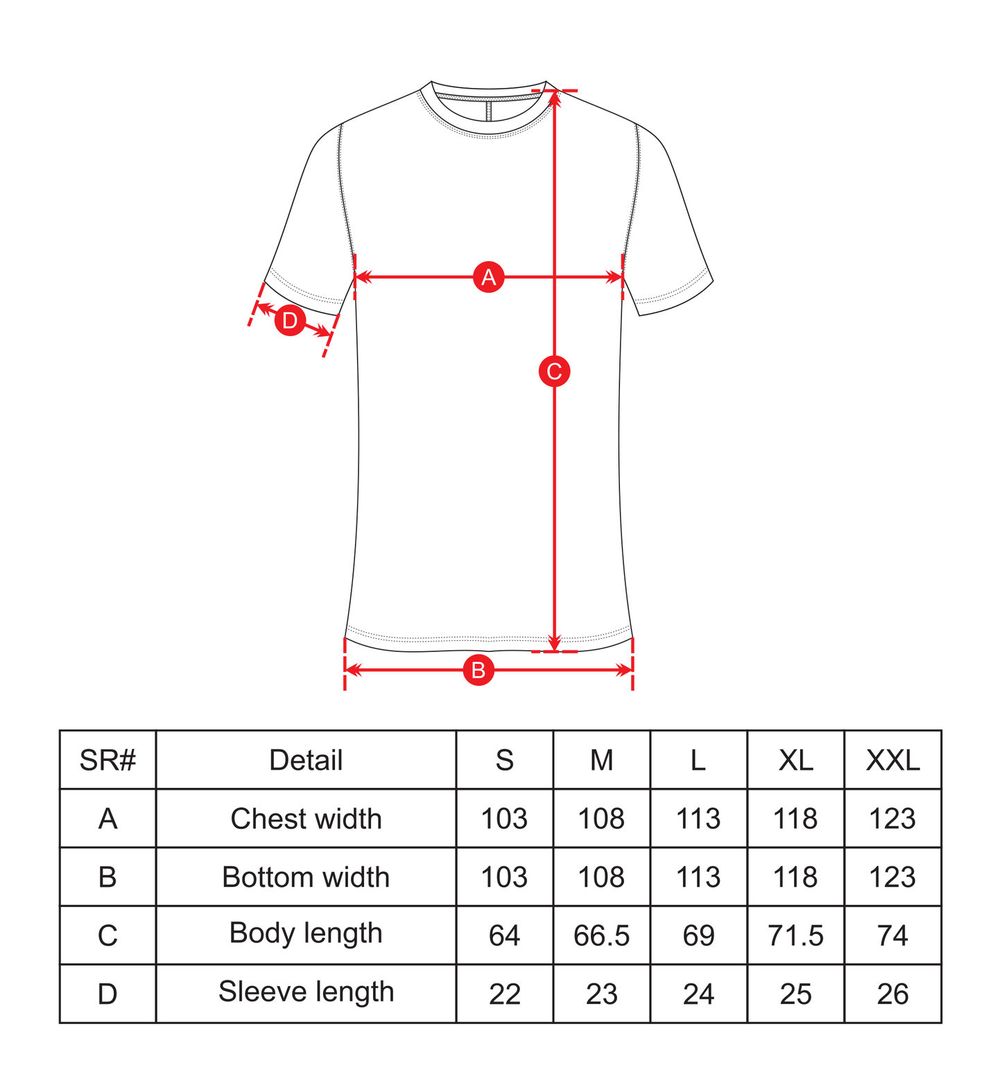 training t shirt size chart