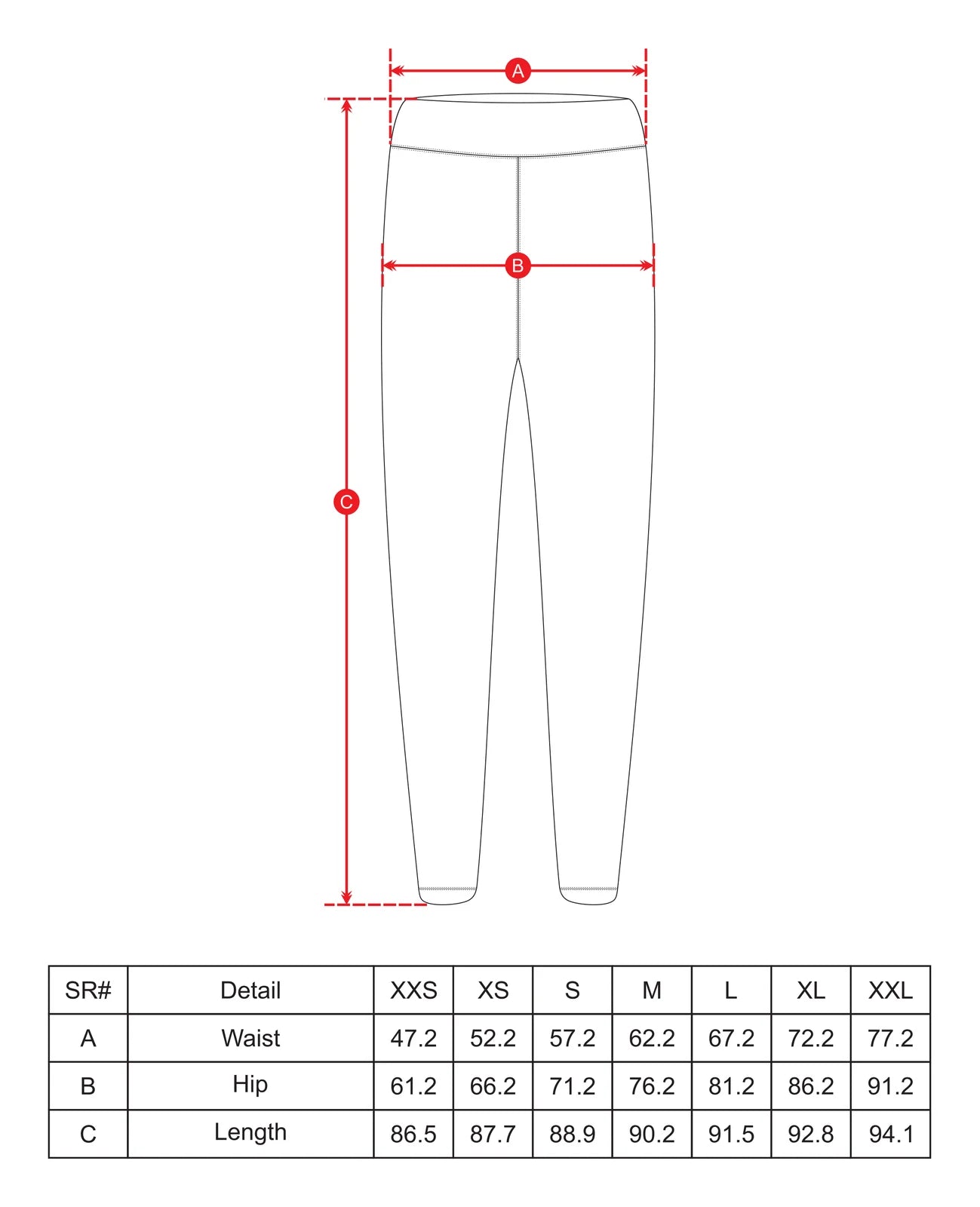 Legging for Women  black Size Chart