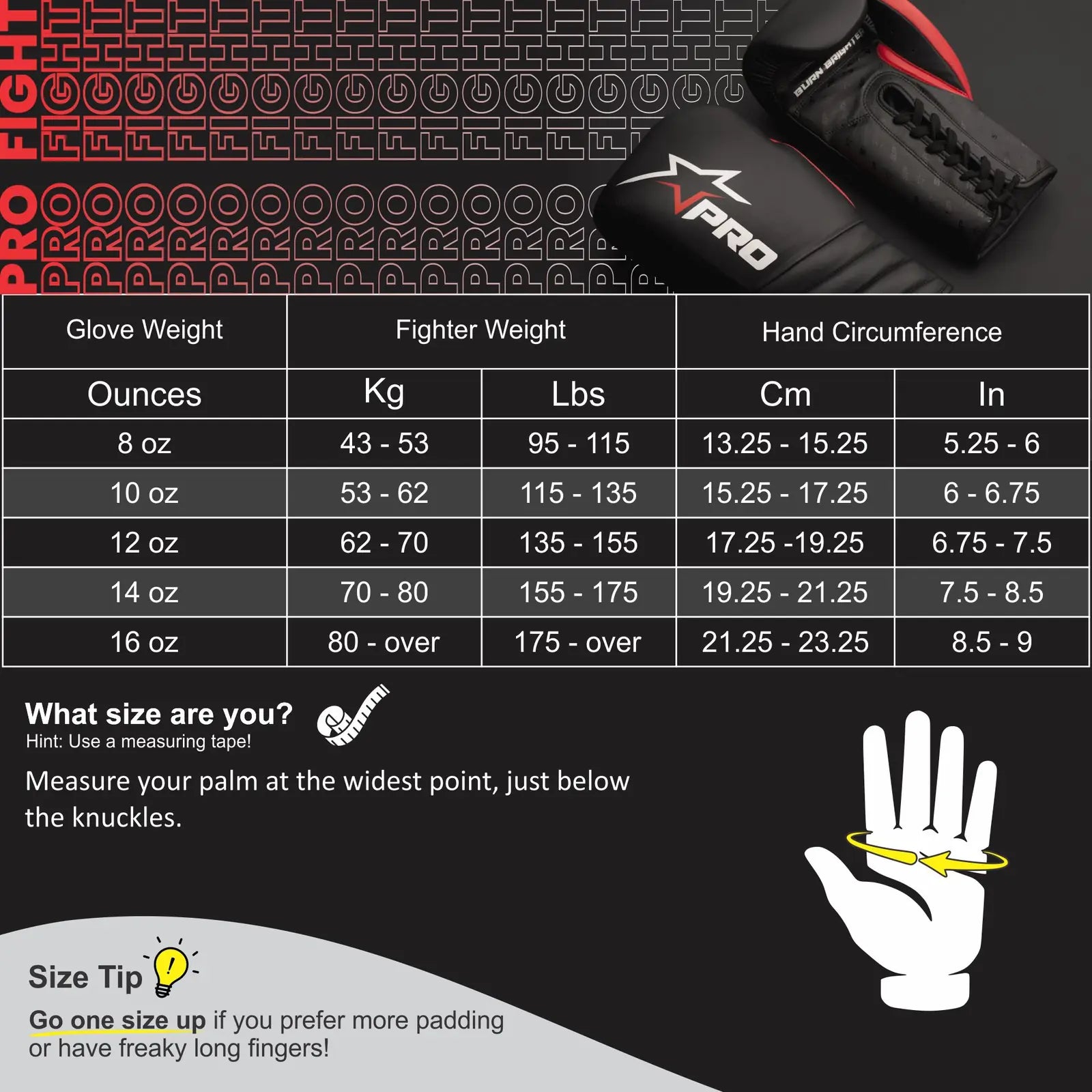 Professional Fight Gloves Black Size Chart