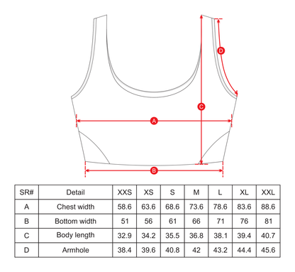 Supportive Sports Top for Women Size Chart