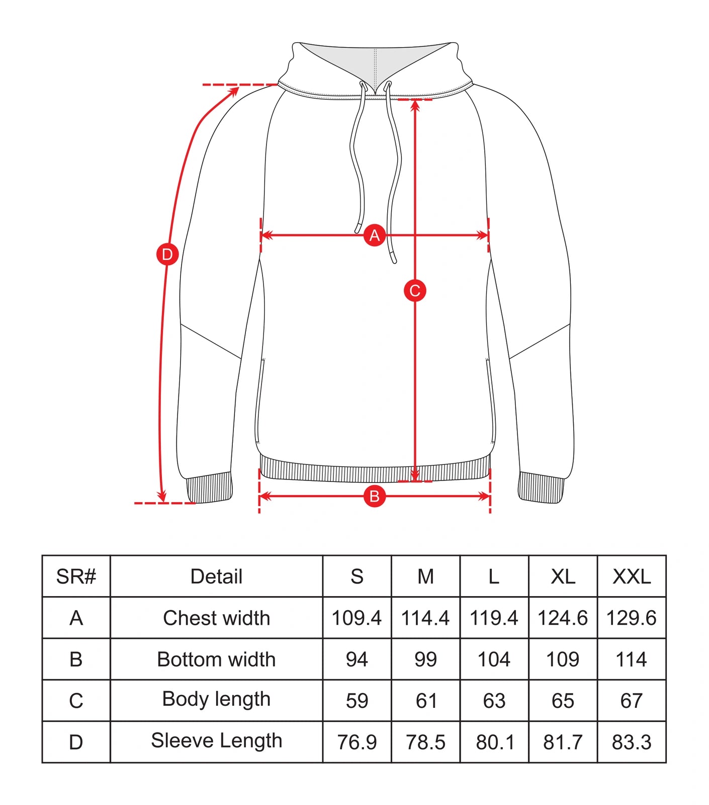 Training Hoodies Size Chart Black